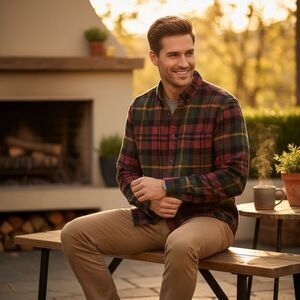 DENIM FLOWER Standard Fit Red/Green Plaid Fleece Flannel Men's Shirt Size M